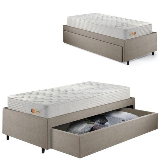 Imagem de Base Box Cama Solteiro Sapateira Linho Bege e Colchão Ecoline D33 Ecoflex 88x188
