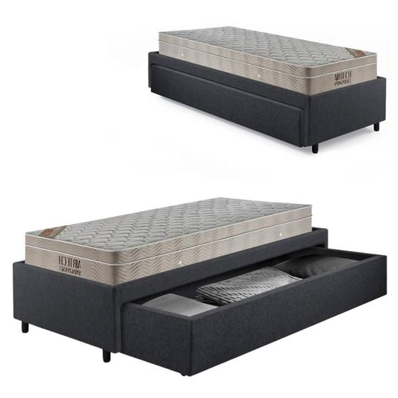 Imagem de Base Box Cama Solteiro Sapateira Linho Cinza e Colchão Airtech Ortobom 88x188