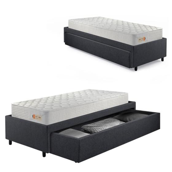 Imagem de Base Box Cama Solteiro Sapateira Linho Cinza e Colchão Ecoline D33 Ecoflex 88x188