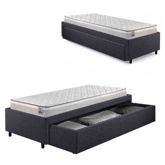 Imagem de Base Box Cama Solteiro Sapateira Linho Cinza e Colchão Hanover Inducol 88x188