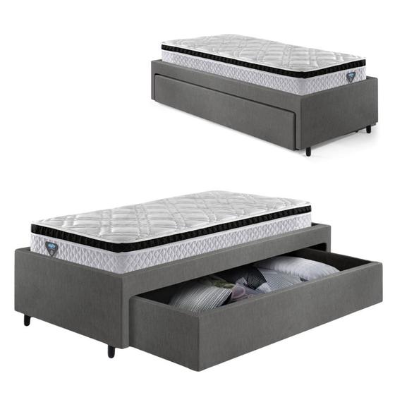 Imagem de Base Box Cama Solteiro Sapateira material sintético Linho Cinza e Colchão Cama inHouse Ecoflex 88x188