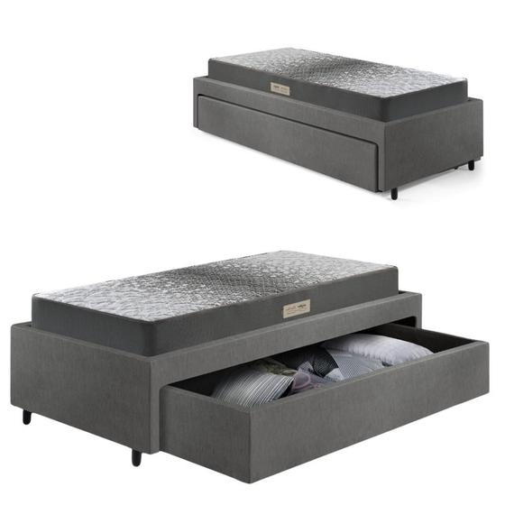 Imagem de Base Box Cama Solteiro Sapateira material sintético Linho Cinza e Colchão Dual Firm Ecoflex 88x188
