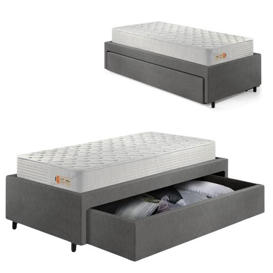 Imagem de Base Box Cama Solteiro Sapateira material sintético Linho Cinza e Colchão Ecoline D33 Ecoflex 88x188