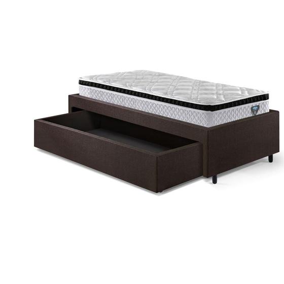 Imagem de Base Box Cama Solteiro Sapateira material sintético Linho Marrom e Colchão Cama inHouse Ecoflex 88x188