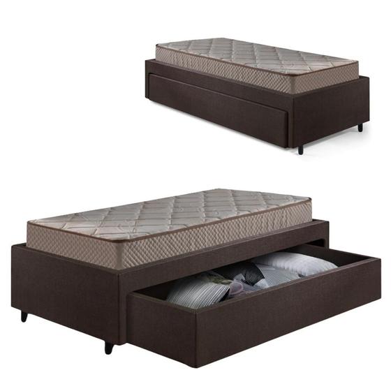 Imagem de Base Box Cama Solteiro Sapateira material sintético Linho Marrom e Colchão Supreme D33 Gazin 88x188