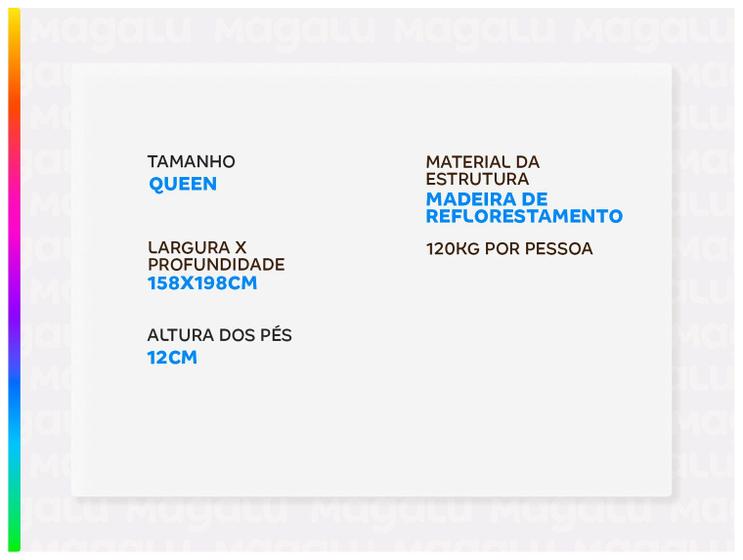 Infográfico com especificações técnicas da base de cama box queen, destacando medidas e materiais