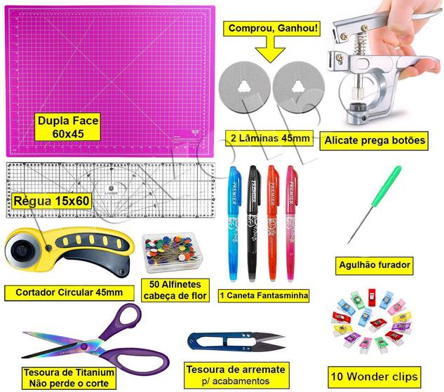 Imagem de Base De Corte Rosa 60x45 + Régua 15x60 + Alicate E Tesouras