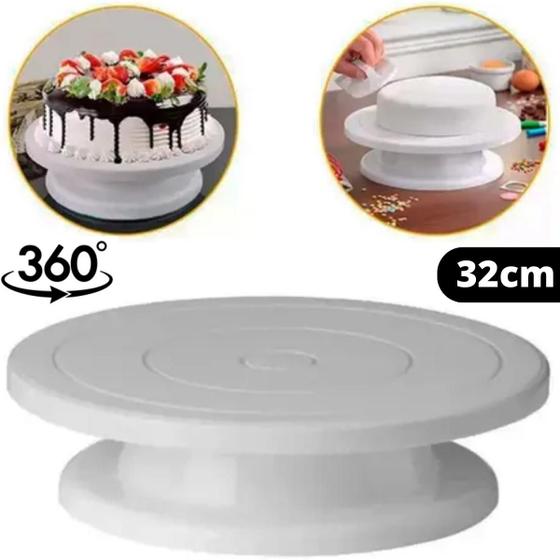 Imagem de Base Suporte Bailarina Giratória Bolo Torta 32cm Grande Confeitaria Profissional Rolamento Branco PVC