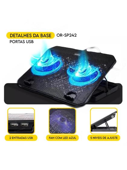 Imagem de Base Suporte Notebook 15,6" Oberon 14 e 15 Led refrigerado 2 Cooler azul- OR-SP242 vertical fan laptop regulagem altura