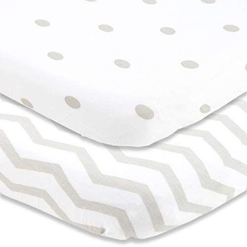 Imagem de Bassinet Fitted Sheets Compatible with Mika Micky Bedside Sleeper  Snuggly Soft Jersey Cotton  Encaixa-se perfeitamente em 19 x 32 polegadas Bed Side Sleeper Colchão  Grey Polka Dots, Chevron  2 Pack