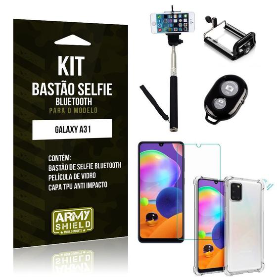 Imagem de Bastão de Selfie Bluetooth Galaxy A31 + Capinha Anti Impacto +Película Vidro - Armyshield