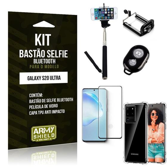 Imagem de Bastão de Selfie Bluetooth Galaxy S20 Ultra+ Capinha Anti Impacto +Película Vidro 3D - Armyshield