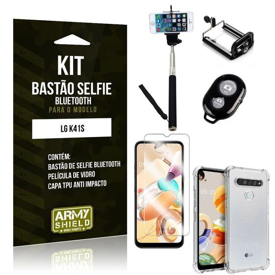 Imagem de Bastão de Selfie Bluetooth LG K41s + Capinha Anti Impacto +Película Vidro - Armyshield