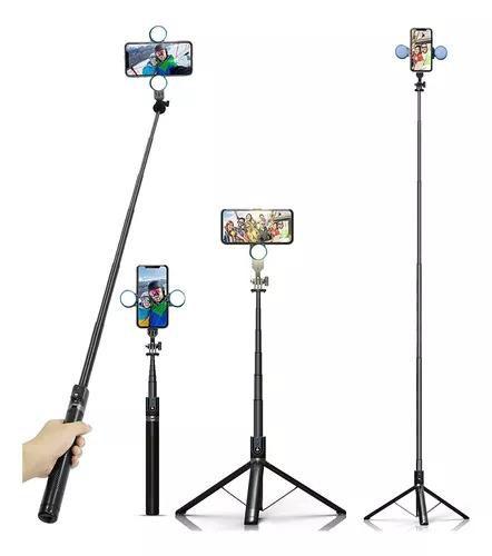 Imagem de Bastão Pau de Selfie Para Celular O Maior Com Até 1,70 Metro de Altura Vira Tripé Com Iluminação LED e Controle Remoto Bluetooth