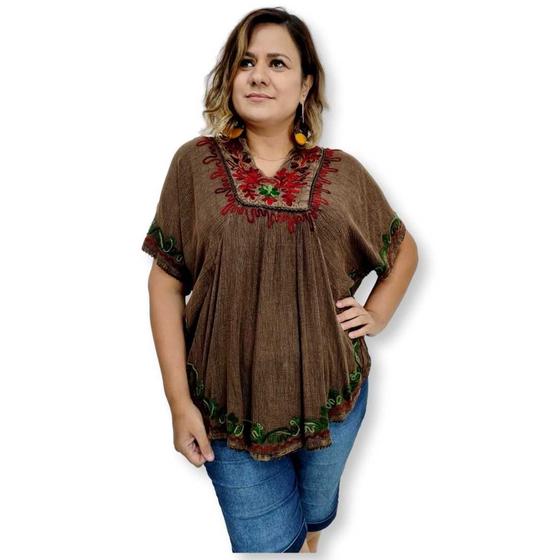 Imagem de Bata Indiana Feminina Poncho Bordado Colorido Plus Size 001