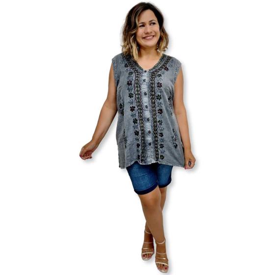 Imagem de Bata Indiana regata Plus Size com Botão Lisa com Bordados