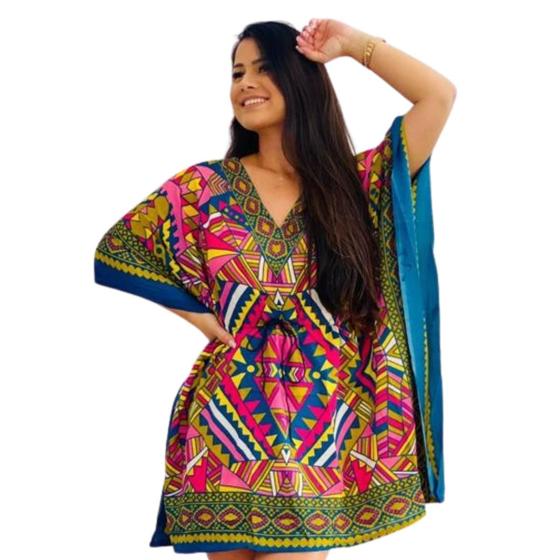 Imagem de Bata Kaftan Curta Estampada Hippie Boho Saida de Praia