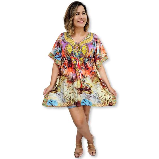 Imagem de Bata Kaftan Indiana Digital com Brilhos Estampada Boho Luxo