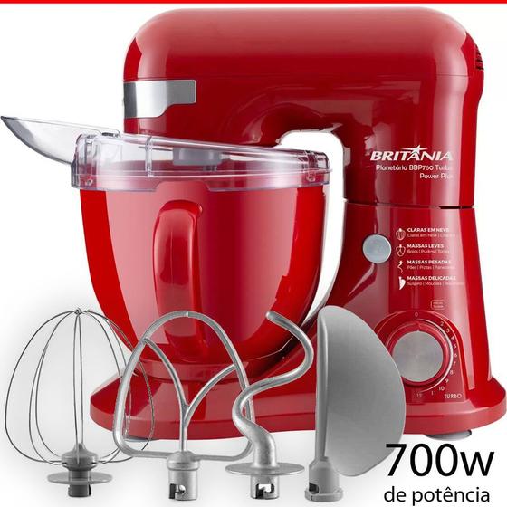 Batedeira de Bolo Planetária 700w Vermelha Britania BBP760VME 4,5 litros Profissional Menor preço em Batedeira de Bolo Planetária 700w Vermelha Britania BBP760VME 4,5 litros Profissional