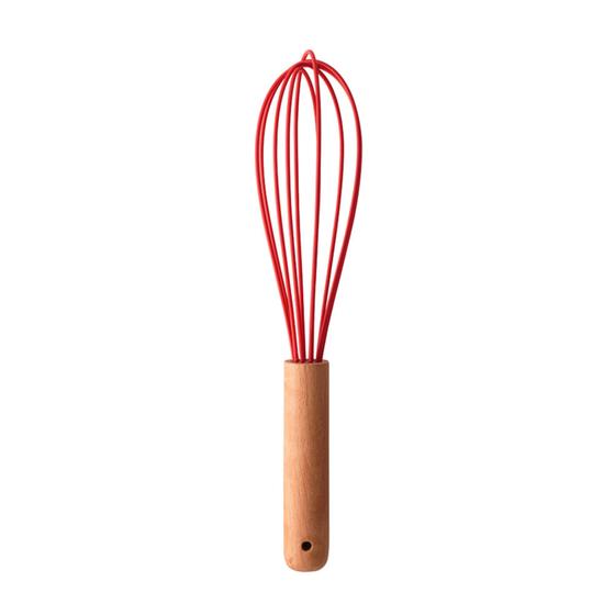 Imagem de Batedor de Silicone para Ovos com Cabo em Bambu Charmy Vermelho 24,5cm - Lyor