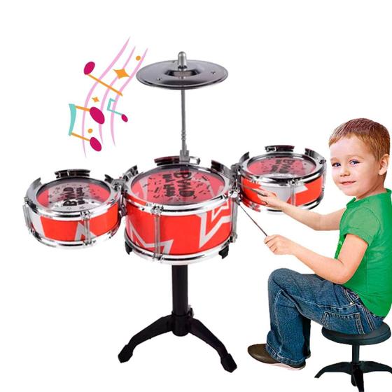 Imagem de Bateria Infantil Completa Musical 3 Tambores 1 Banquinho