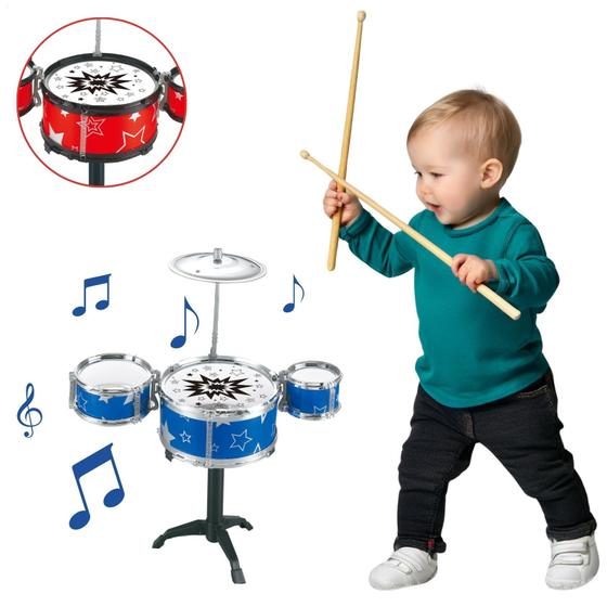 Imagem de Bateria Infantil Instrumento 3 Tambores Brinquedo Rock Azul Prato Tambor Baqueta Menino