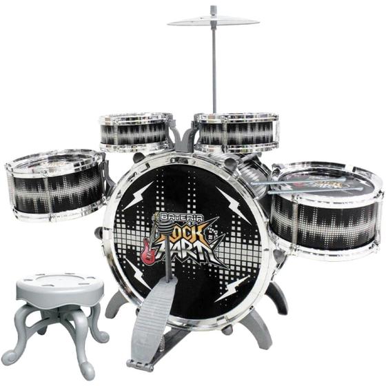 Bateria Infantil Rock Party com Banquinho Banqueta Preto Dm Menor preço em Bateria Infantil Rock Party com Banquinho Banqueta Preto Dm