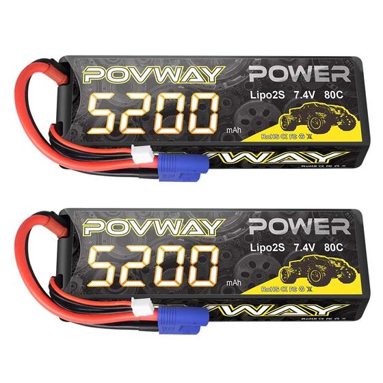 Imagem de Bateria Lipo POVWAY 5200mAh 7,4V 80C com Conector EC3 - Pacote com 2