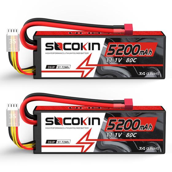 Imagem de Bateria Lipo Socokin 3S 11,1V 5200mAh 80C - Pacote com 2 Unidades - com Estojo Rígido