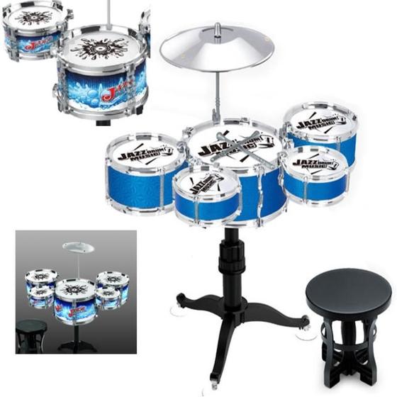 Imagem de Bateria musical infantil rocky party completa 5 tambor banqueta grande estilo profissional azul