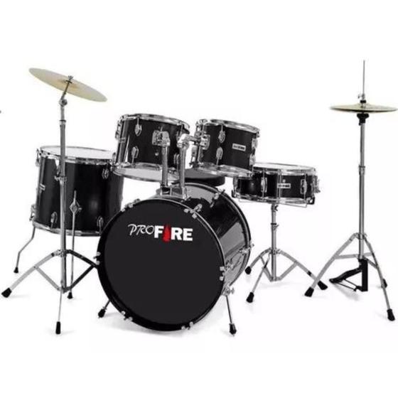 Imagem de Bateria Pro Fire Completa Bumbo 22 Preta Ferragem Cromada