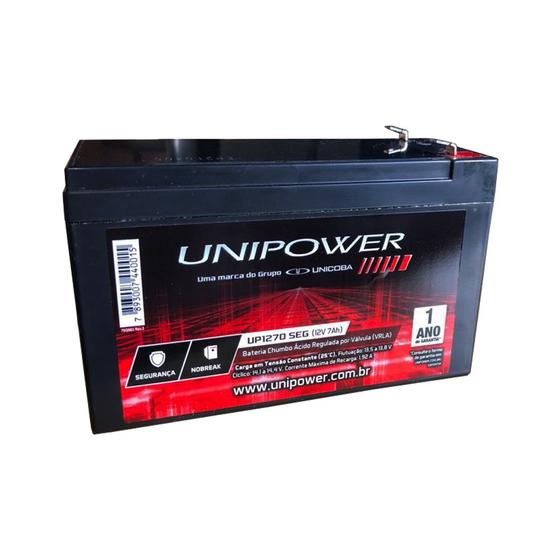 Imagem de Bateria Selada Recarregável Unipower 12v 7,0ah Cftv Alarme Cerca Elétrica Nobreak Som Up1270seg