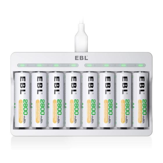 Imagem de Baterias recarregáveis EBL 2800mAh AA, pacote com 8, carregador de 8 compartimentos