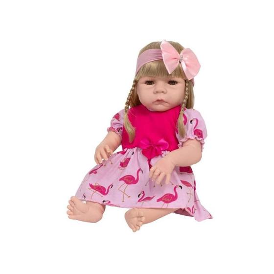 Imagem de Bebê Boneca Reborn Loira Vestido Flamingo Rosa 20 Acessórios