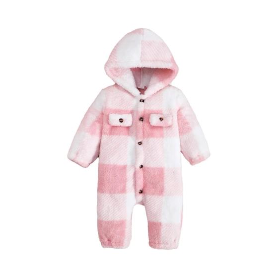 Imagem de Bebê Meninos E Meninas Xadrez Com Capuz Macacão De Pelúcia Manga Comprida Inverno Quente Bodysuit