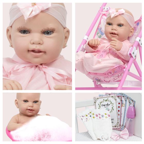 Imagem de Bebe Reborn 100% Silicone Acessórios Carrinho Rosa Linda