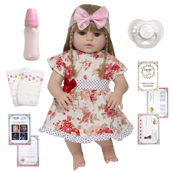 Imagem de Bebê Reborn Boneca Corpo de Silicone Vestido Florido + Itens