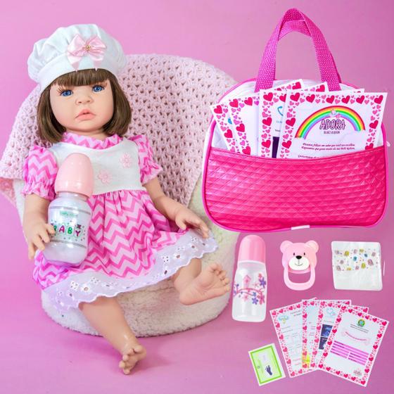 Imagem de Bebê Reborn Boneca Realista Em Silicone Bolsa Maternidade Vestido Listrado Pode Dar Banho Pronta Entrega