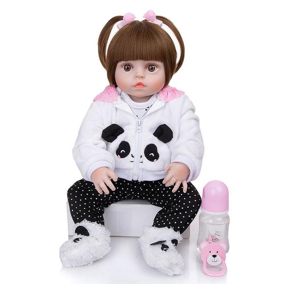 Brastoy Boneca Bebê Reborn Silicone Menina Panda Olhos Castanhos