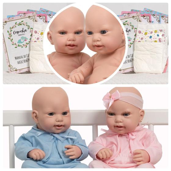 Imagem de Bebê Reborn Casal Gêmeos Careca Kit Lara Luca Enxoval Itens