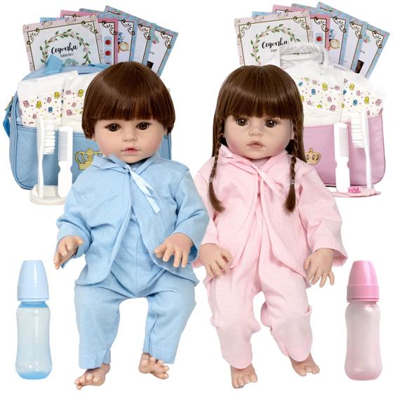 Imagem de Bebe Reborn Gêmeos Casal 100% Silicone Bolsa 36 Acessórios