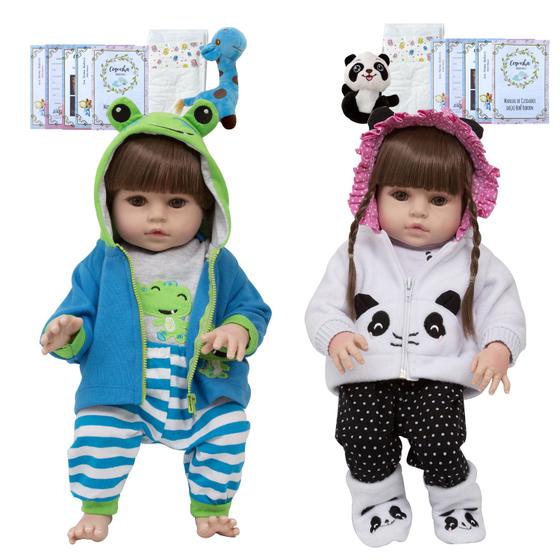 Imagem de Bebe Reborn Gêmeos Casal Pandinha Girafinha Baby Com Itens