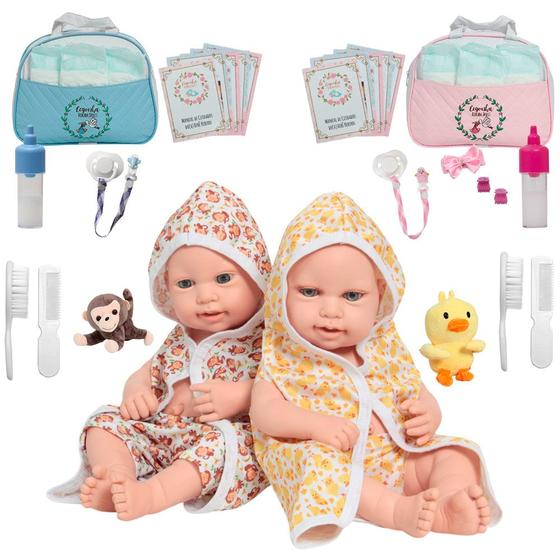 Imagem de Bebê Reborn Gêmeos Casal Roupão Com Bolsa Vários Itens