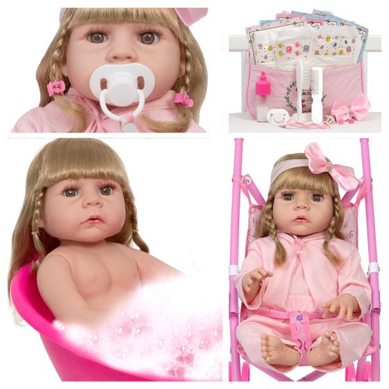 Imagem de Bebe Reborn Loira 46cm Enxoval Completo Carrinho Infantil