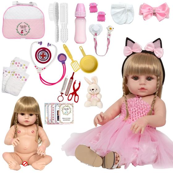 Imagem de Bebe Reborn Loira Princesa 46cm Enxoval Completo Pode Banho