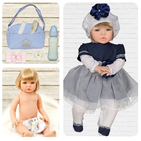 Imagem de Bebê Reborn Luxo Loira Azul Marinho Cegonha Dolls 23 Itens