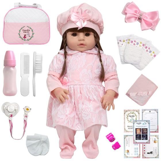 Imagem de Bebe Reborn Menina 100% Silicone Olho Castanho 20 Acessórios