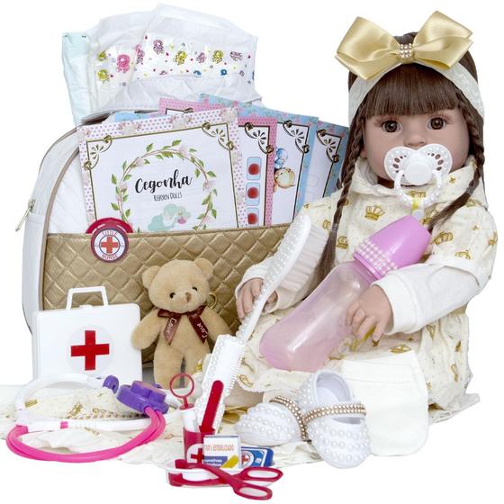 Imagem de Bebê Reborn Menina Baby Cabelos Castanhos Bolsa Maternidade