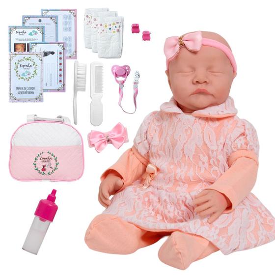 Imagem de Bebê Reborn Menina Corpo de Vinil Vestido Salmão + Kit Itens