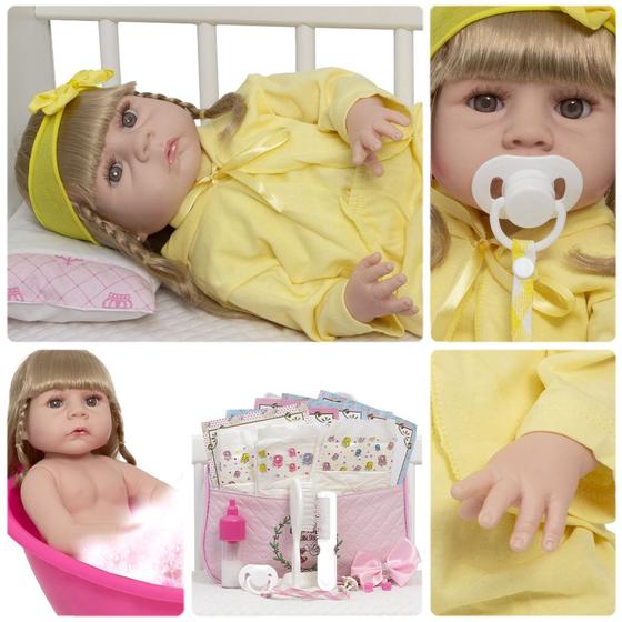 Imagem de Bebe Reborn Menina Loira Realista Pijama Enxoval Completo